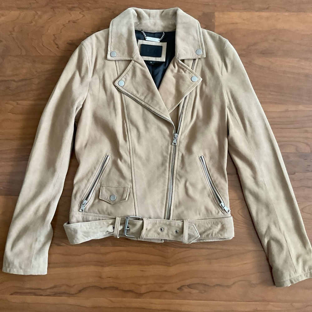Ugg Stacey suede leather moto biker jacket belted - size XS - sand color